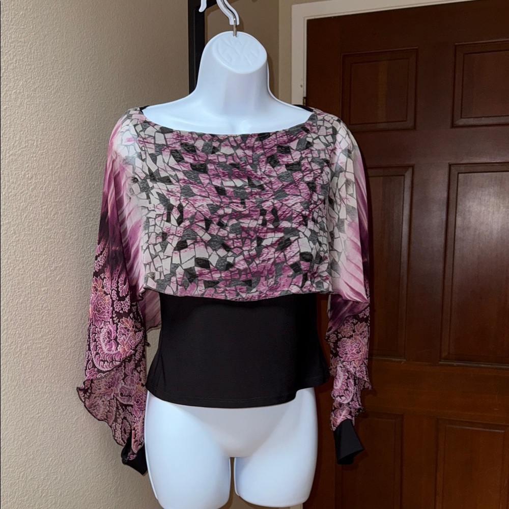 Tangoleva Black with Purple Print Overlay Open Long Sleeve Blouse Women’s Sz  M